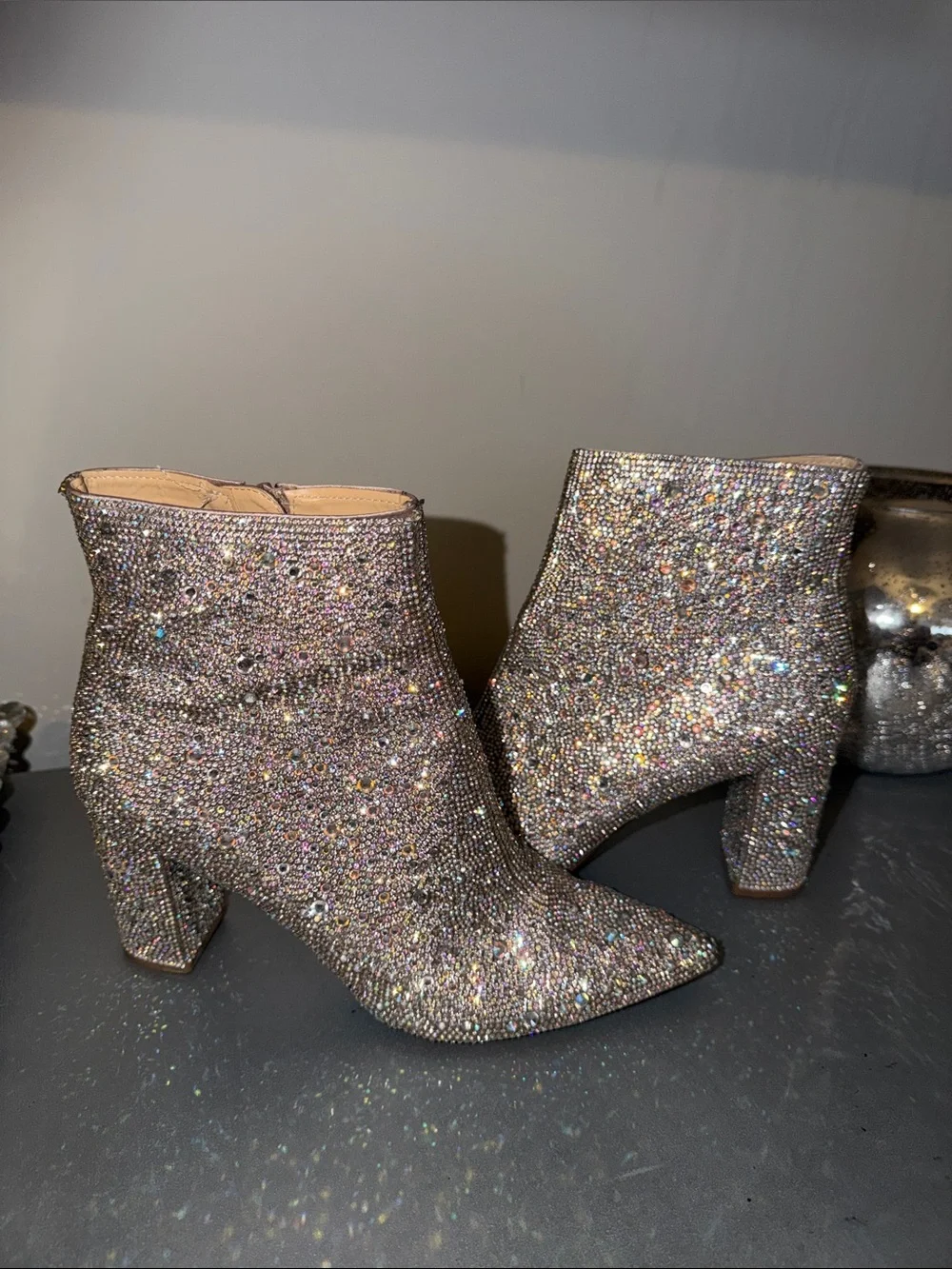 Betsey Johnson Silver Crystal Embellished Ankle Boots
